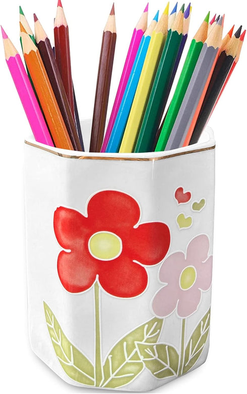 Pen Holder for Desk, Ceramic Makeup Brush Holder for Women,Gold 3D Engrave Retro Floral Flowers Design Love Hearts Pencil Holder Desktop Desk Orga...
