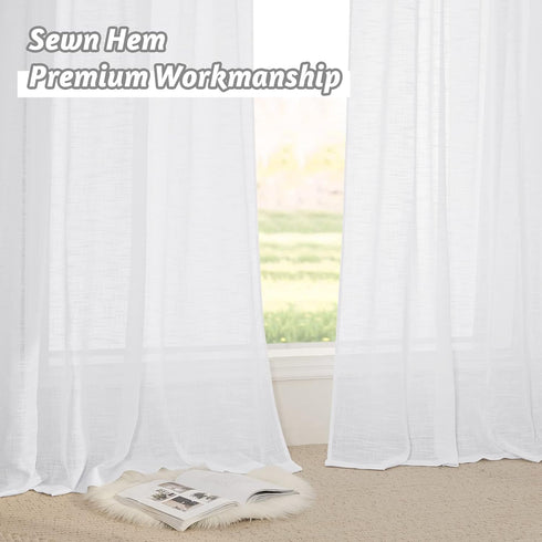 RYB HOME White Curtains Sheer - Linen Textured Wave Semi Sheer Farmhouse Window Curtain Set for Bedroom Living Room Office Diffuse Sunlight Furnit...
