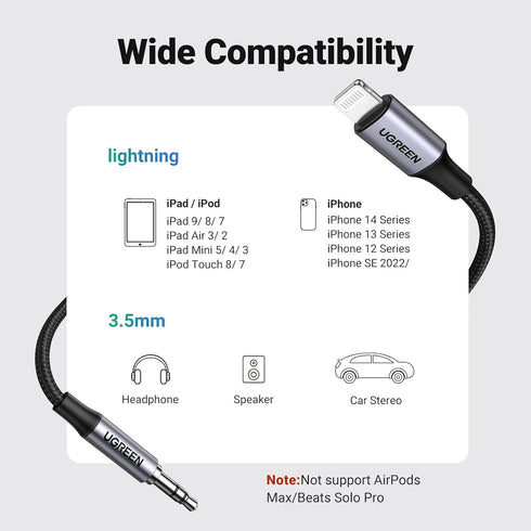 UGREEN Aux Cord for iPhone Aux to Lightning Cable for Car Adapter MFi Certified Lightning 3.5mm Headphone Male Audio Jack Compatible with iPhone 1...