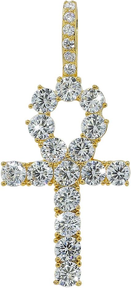 JINAO 18K Gold Plated Iced Out Cubic Zirconia Egyptian Ankh Cross Simulated Diamond Pendant Necklace for Men Women with Stainless Rope Chain...