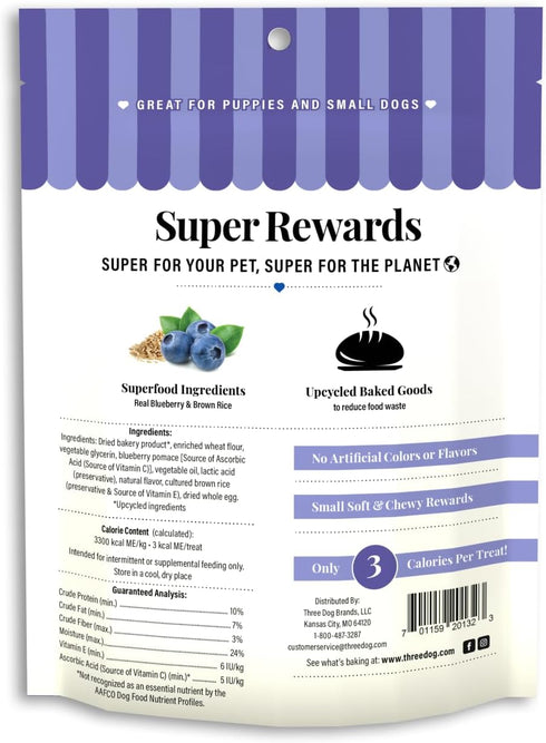 Three Dog Bakery Soft and Chewy Super Rewards with Superfoods Dog Treats, Low Calorie Dog Training Treats for Dogs, Blueberry Cobbler Flavor, 5 Ou...