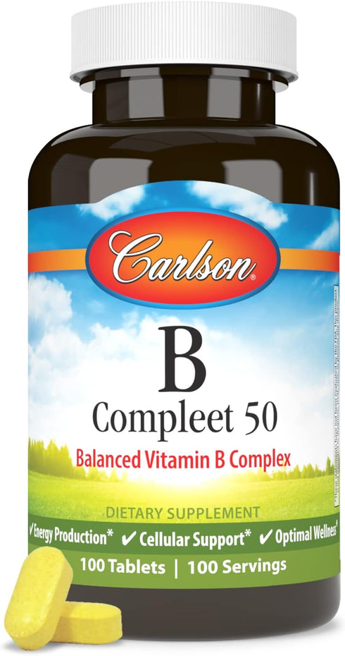 Carlson - B Compleet 50, Balanced Vitamin B Complex, Energy Production, Cellular Support & Optimal Wellness, 100 Tablets...