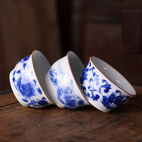 Chinese Handmade Kungfu Tea Cup 60 ml,Bone China Blue and White Tea Cups Set of 3,Ceramic Tea Mugs Without Handles,Best Gift...