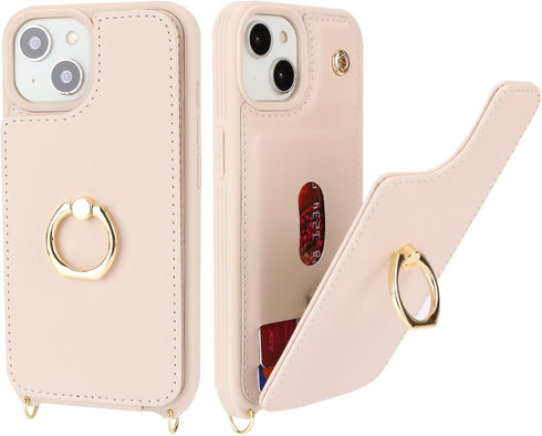 for iPhone 14 Case with Card Holder for Women,iPhone 14 Phone Case with Strap,Crossbody Lanyard,Ring Stand,Snap Clasp,Cute Wallet Cases 6.1 inch (...
