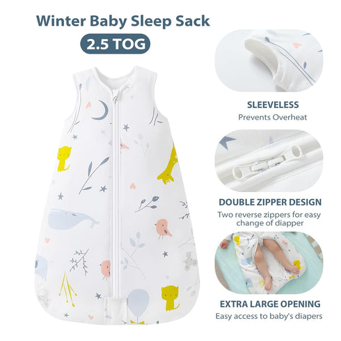Mosebears Sleep Sack Baby Winter Wearable Blanket with 2-Way Zipper,2.5 TOG Cotton Sleep Sack Unisex (White Animal, 0-6 Months)...