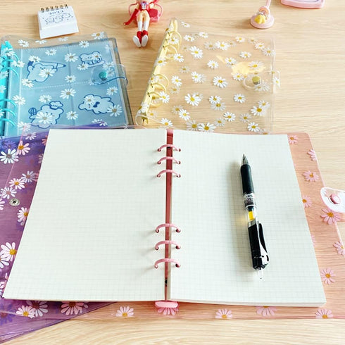 A6 6 Holes Transparent Daisy PVC Binder Cover Loose Leaf Sheet Protector Round Ring View Binder Notebook Planner Folder with Snap Button Closure P...