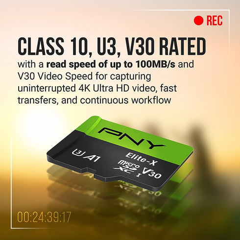 PNY 64GB Elite-X Class 10 U3 V30 SDXC Flash Memory Card - 100MB/s, Class 10, U3, V30, 4K UHD, Full HD, UHS-I, Full Size SD...