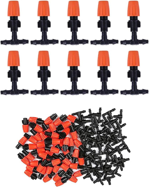 80PCS 1/4" Inch Adjustable Irrigation Microspray Emitter Three Way Atomizing Nozzle with Tee Connector Drip Irrigation Accessory for Garden Lawn F...