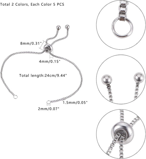 UNICRAFTALE 10pcs 2 Colors 24cm Adjustable Slider Bracelets 304 Stainless Steel Bracelet Making Slider Extender Chains with Ball Ends for Women Se...