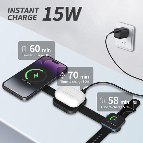 3 in 1 Wireless Charger for Apple: Used for iPhone 11 12 13 14 15, Wireless Charging Station for Galaxy S9 10 21 22 23, Wireless Charging Stand fo...
