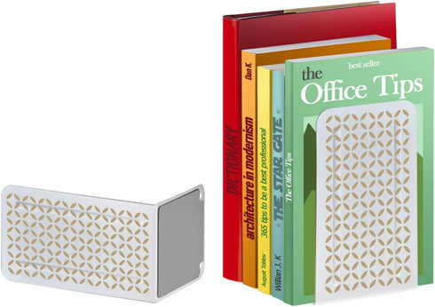 Acrimet Metal Bookends, Non-Skid Book Stand for Shelves, Heavy Duty Book Stopper, 6-7/8" H x 4" W x 4-1/2“ D, (White Bookend with Gold Design), 1 ...