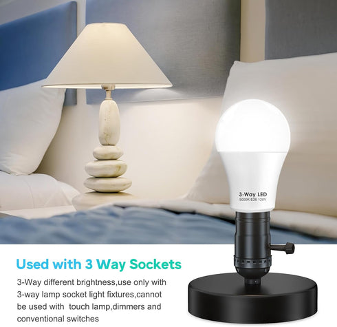 3 Way LED Light Bulbs 50 100 150W Equivalent, Daylight White 5000K 3 Way Light Bulbs, A19 Three Way Light Bulbs,E26 Base 3-Way Light Bulbs for Rea...