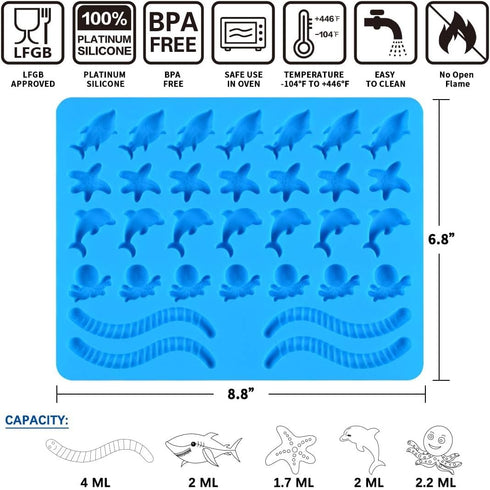 Gummy Molds Hard Candy Molds - Candy Molds Silicone Including Worms, Starfishs, Dolphins, Octopus, Sharks Sea Mold, Pinch Test Approved Pack of 3 ...