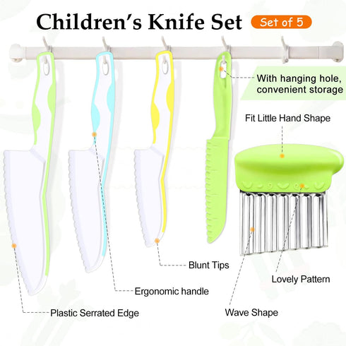 5 Pcs Kids Knives, Kids Safe Cooking Knife, Plastic Kids Kitchen Knife Set with Crinkle Cutter, Serrated Edges Toddler Knife Kids Knives for Real ...