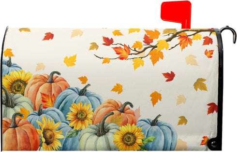 Fall Thanksgiving Mailbox Covers Magnetic Standard Size 18"" X 21"",Orange Blue Pumpkin Maple Leaf Sunflower Mailbox Wraps Post Letter Box Cover f...