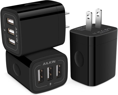 AILKIN 3 USB Wall Charger, Triple Charger Adapter, Fast Charging Block Home Charger Station Block Cube Plug for iPhone, Samsung Galaxy, LG, Motoro...