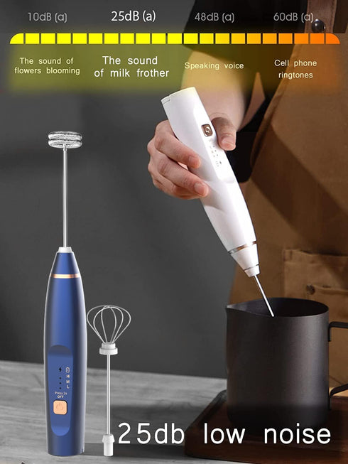 Milk Frother Handheld Foam Maker with 2 Stainless Stirring Head 3 Speed Rechargeable Electric Blender Milk Frother Wand Drink Mixer for Cappuccino...