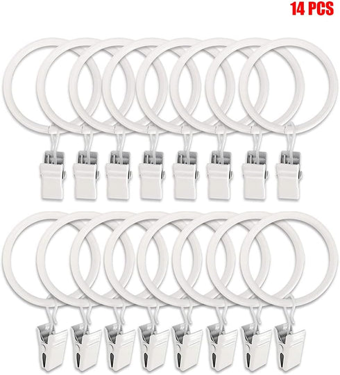 Set of 14 White Iron Metal Curtain Rings with Clips, Drapery Clips Hooks, Curtain Clips with Rings Cafe Curtain Clips, Ring Clips to Hang Curtains...