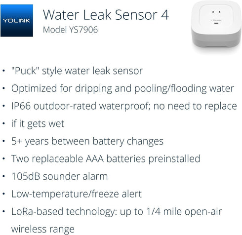 YoLink Water Leak Detector 4 with 105dB Audio Alarm, Freeze Warning, App Push, Email Alerts and Limited Text - Smart Water Sensor Alarm w/ Alexa, ...