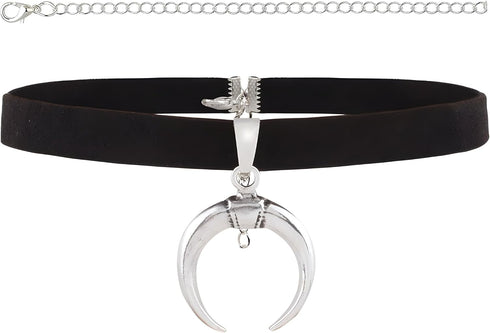 Black Suede Leather Choker Necklace with Silver Crescent Moon Pendant for Women Men...