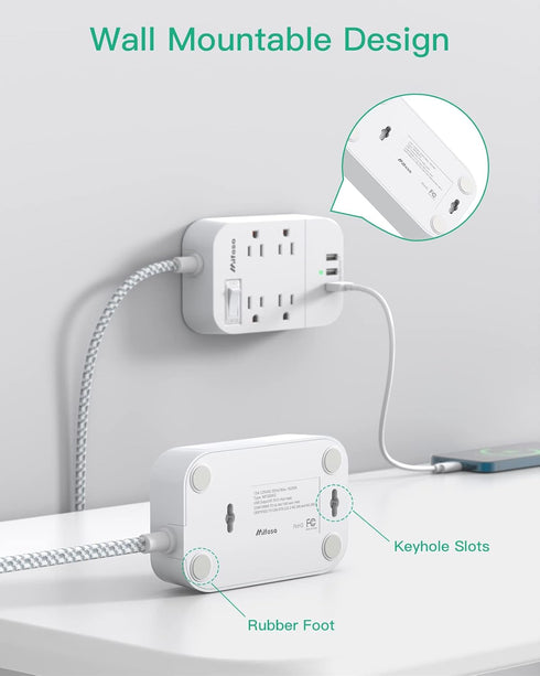 Power Strip Long Extension Cord - 10Ft Braided Extension Cord with Flat Plug, 4 Outlets and 3 USB Charging Ports, Overload Protection and Wall Mou...