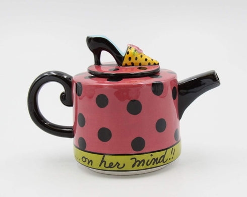 6 1/2 Inch Pink and Black Polka Dot Teapot with High Heel Top Lid...
