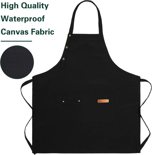 Apron for Men Women with Adjustable Straps and Large Pockets, Canvas Cotton Cooking Kitchen Chef Bib Aprons Waterproof Black...