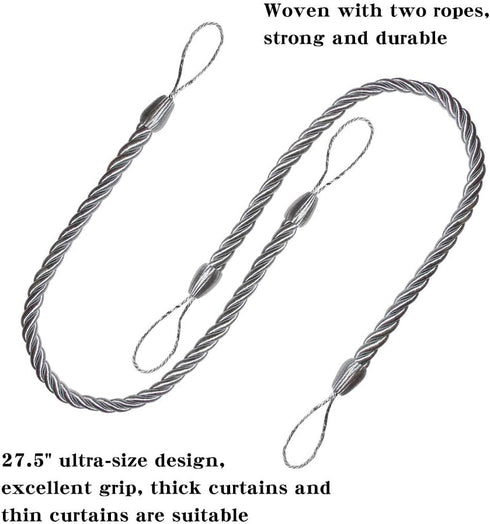 BEL AVENIR Curtain Rope Tiebacks, Drapery Rope Holdbacks with 4 Metal Screw Hooks, 2 Pair - Silver...