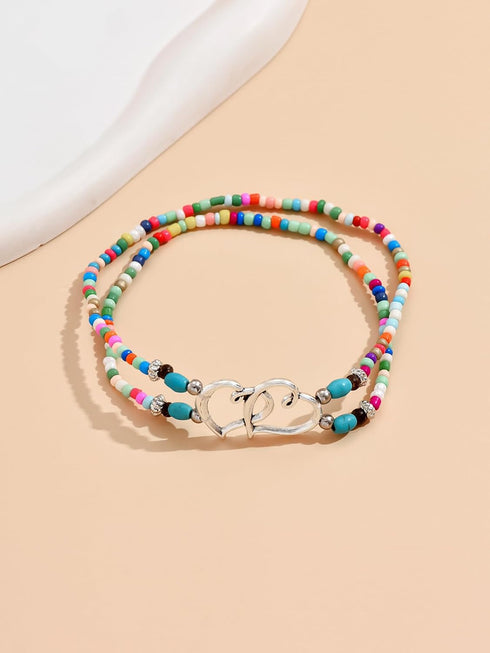 Elastic Beaded Ankle Bracelet for Women Double Heart Beaded Anklet Colorful Double Layered Hollow Heart Anklet Boho Turquoise Elastic Anklet Brace...