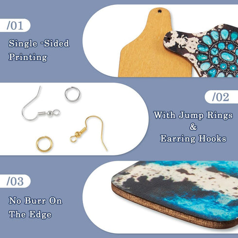 Wood Earring Making Kit 32Pcs Cattle Head Sunflower Flower Printed Wood Pendants Vintage Western Wood Charms with 80Pcs Earring Hooks 80Pcs Jump R...