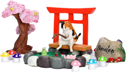 14 PCS Fairy Garden Kit, Fishing Cat Figurines, Miniature Koi Pond Mushroom Outdoor Statues, Tiny Ornaments for Micro Landscape Plant Pots Bonsai ...