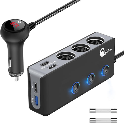 Quick Charge 3.0 Cigarette Lighter Splitter, Qidoe 3 Socket 180W Cigarette Lighter Adapter with 4 USB Fast Charging, DC 12V/24V Cigarette Outlet L...