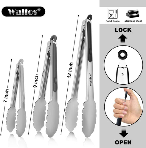 Walfos Stainless Steel Kitchen Tongs for Cooking- 7 ?9 and 12 Inch, Food Grade Metal Tongs for Cooking, BBQ, Set of 3 Heavy Duty Locking Cooking T...