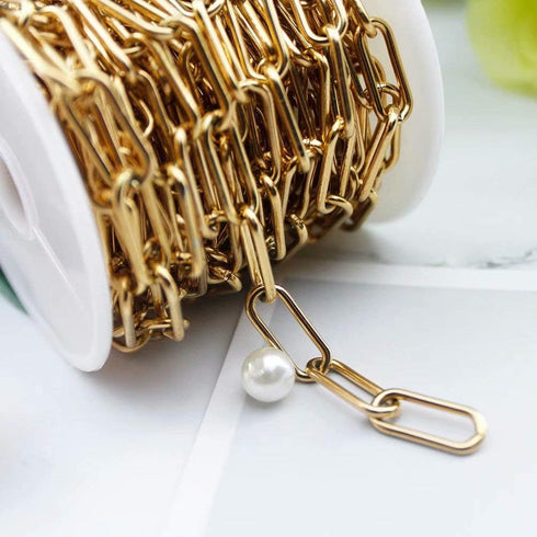16.4 Feet (7mmX17mm) 18K Gold Plated Stainless Steel Chain Oval Paperclip Link Chains Bulk with Jump Rings Lobster Clasps Extender Chain for DIY J...