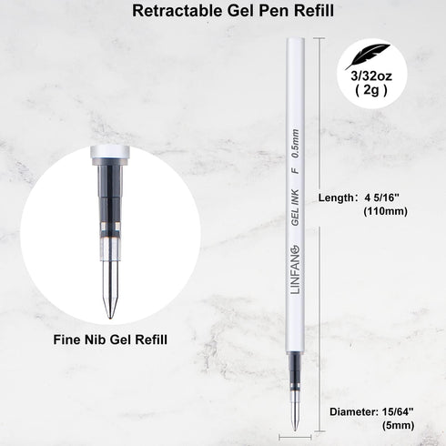 Black Gel Pens Refills, 12 Pack Retractable Gel Ink Pen Refills Bulk, Fine Point 0.5mm Tip Smooth Writing Quick Dry Gel Pen Refills for Journaling...