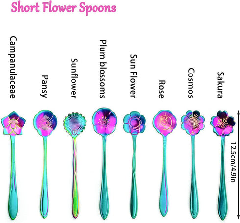 8 Pieces Rainbow Flower Spoon Coffee Teaspoon Set, LEEFONE Stainless Steel Reusable Tea Spoon Sugar Spoon Ice Tea Spoon Stirring Spoon Dessert Cak...