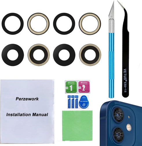 2 Set Original Back Rear Camera Lens Glass Replacement for iPhone 12 and iPhone 12 Mini with pre-Installed Adhesive and Reparing Toolkit...