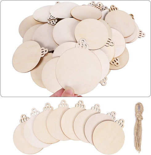 Max Fun 60PCS 3.5" DIY Wooden Christmas Ornaments Unfinished Predrilled Wood Slices Circles for Crafts Round Centerpieces Discs Holiday Hanging De...