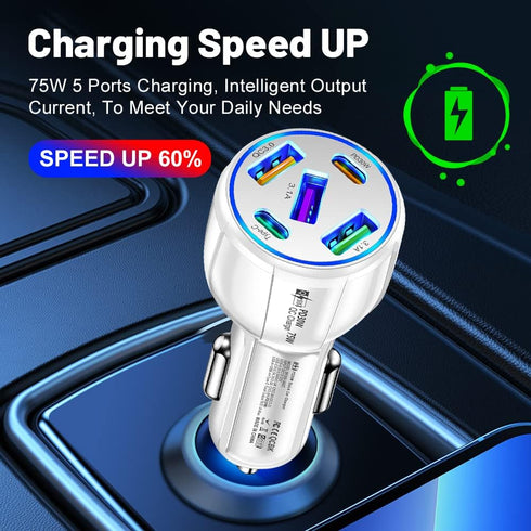 5-Port USB Car Charger,75W Type C Car Charger Fast Charge, Car Accessories Cigarette Lighter USB Charger Compatible with iPhone 14/13/12/Mini/Pro/...