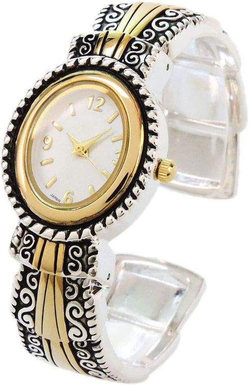 2Tone Metal Western Style Decorated Oval Face Women's Bangle Cuff Watch...