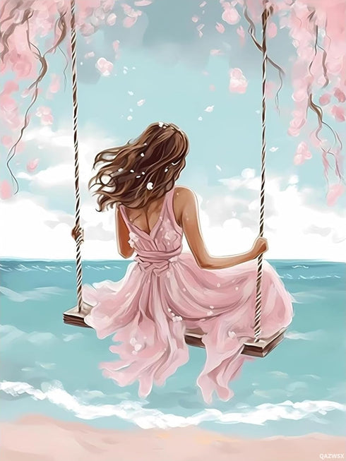 QAZWSX Diamond Painting Beautiful Girl Swing Beach Diamond Art Beach Scenery Gem Art Easy for Beginner Gems Cross Stitch Mosaic Craft Hobby Wall A...