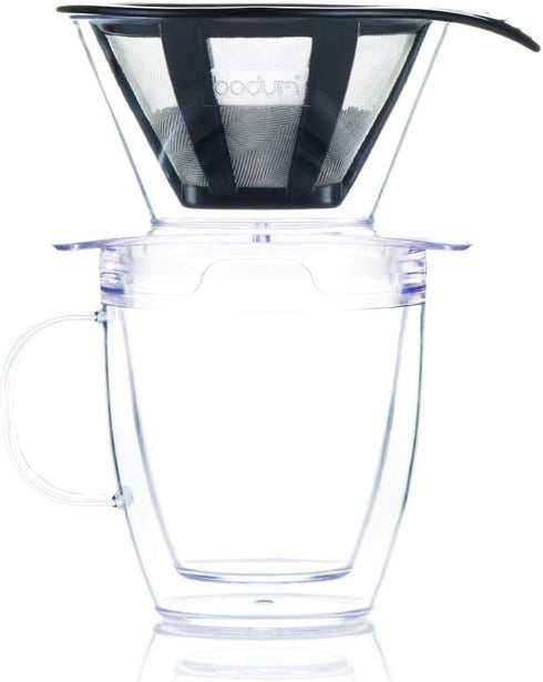 Bodum 12oz Pour Over Coffee Dripper Set w/ Double Wall Mug and Reusable Permanent Filter, Plastic, BPA-Free, Clear...