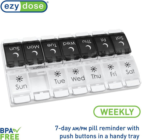 EZY DOSE Push Button (7-Day) Pill Case, Medicine Planner, Vitamin Organizer, 2 Times a Day AM/PM, Removable Trays, Large Compartments, Arthritis F...