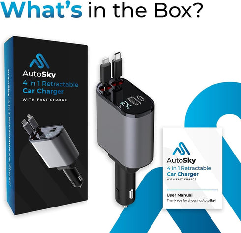 AutoSky 4 in 1 Retractable Car Charger with Fast Car Phone Charger - 100W Car Charger USB C & iPhone Cable, a USB-C, USB-A Ports - Works with Any ...