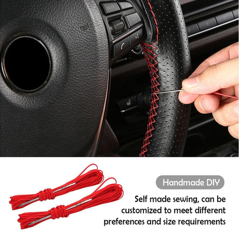 Car Stitch Steering Wheel Cover,Leather Steering Wheel Wrap with Needle and Thread,Anti Slip DIY Kit Steering Wheel Cover Men & Women for Car Inte...