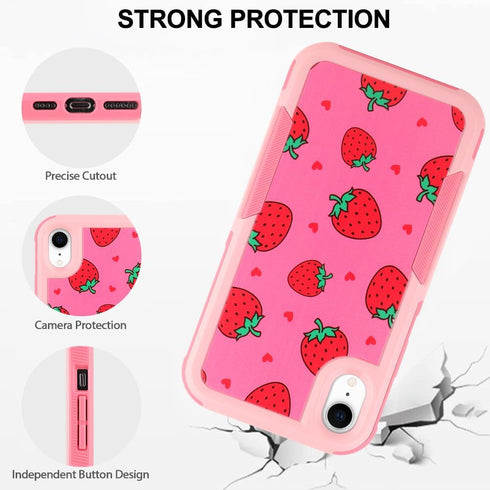 Designed for iPhone XR Pink Strawberry Phone Case Heavy Duty Protective Shockproof and Anti Drop Cute Pink Strawberry Suitable Phone Case...