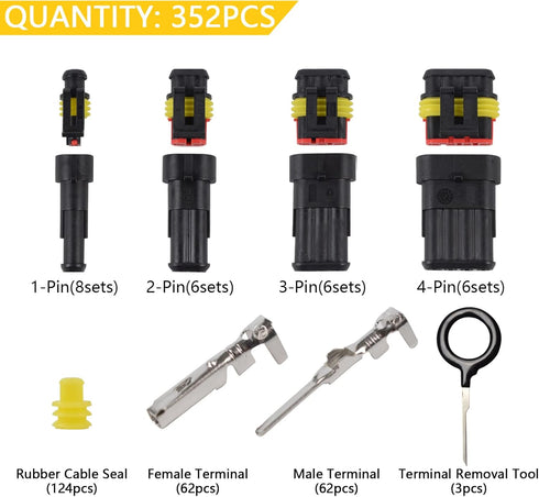 352Pcs 26 Kits Waterproof Automotive Wire Connectors Kit 1/2/3/4/ Pin Automotive Electrical Connectors Male and Female Wiring Connectors Kit 22-16...