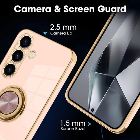 KANGHAR Galaxy S24 Case with Phone Ring Stand Full Body Protection Plated Rose Gold Edge Luxury Case for Samsung Galaxy S24-Pink...