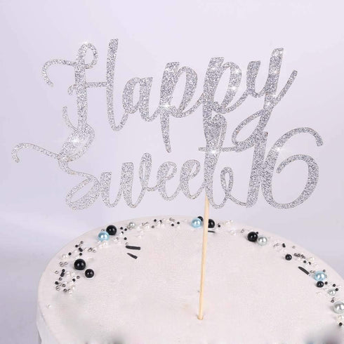 Happy Sweet 16 Cake Topper -Cheers to 16 Year - Happy 16th Birthday Cake Topper- Sweet Sixteen /16th Wedding Anniversary Party Decoration (Silver)...