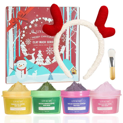 LIYALAN Face Clay Mask Set(1.76 oz/4 pack),Christmas Gifts for Women,Matcha Facial Mud Mask, Eggplant Rose Face Mask Skin Care, Turmeric Acne Faci...